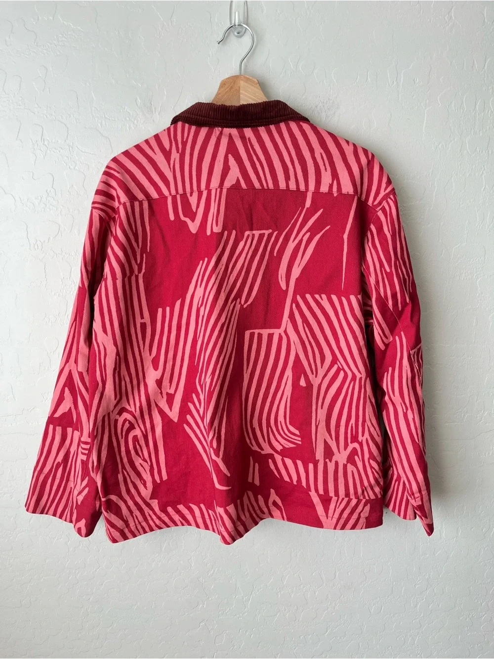 Anthropologie Bel Kazan Printed Eclectic Barn Chore Jacket Corduroy Collar Pink